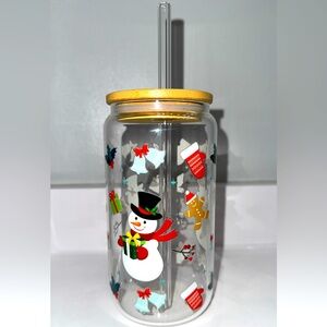 Festive Snowman Glass Tumbler with Straw